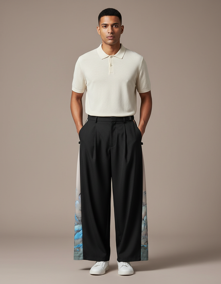 Pantalon À Pince Noir Ample Imprimé Côté Homme - Gabardine