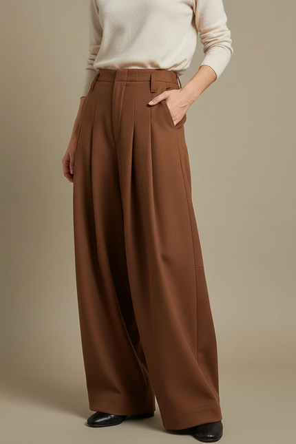 Pantalon À Pince Marron Large Plissé Élégant Femme - Laine