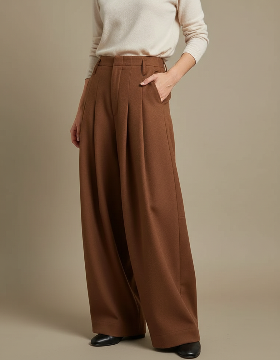 Pantalon À Pince Marron Large Plissé Élégant Femme - Laine