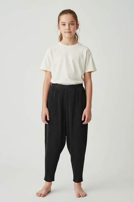 Pantalon À Pince Noir Plissé Ample Décontracté - Polyester