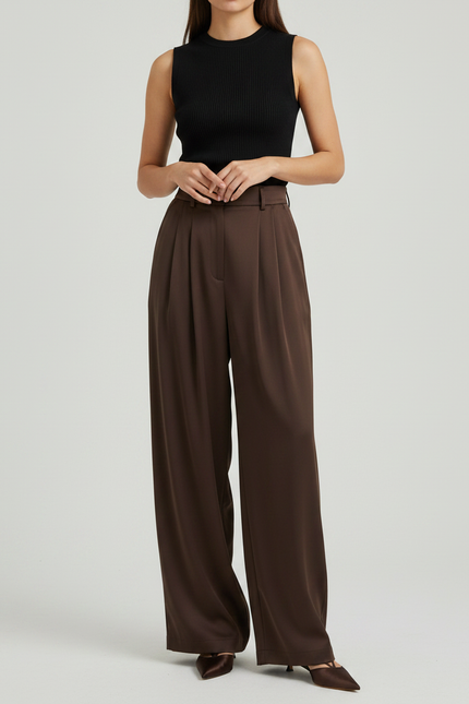 Pantalon À Pince Marron Plissé Ample Taille Haute Fluide - Polyester
