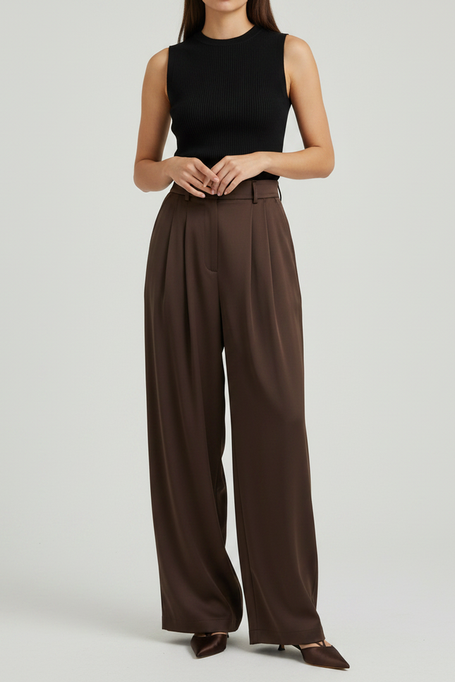 Pantalon À Pince Marron Plissé Ample Taille Haute Fluide - Polyester