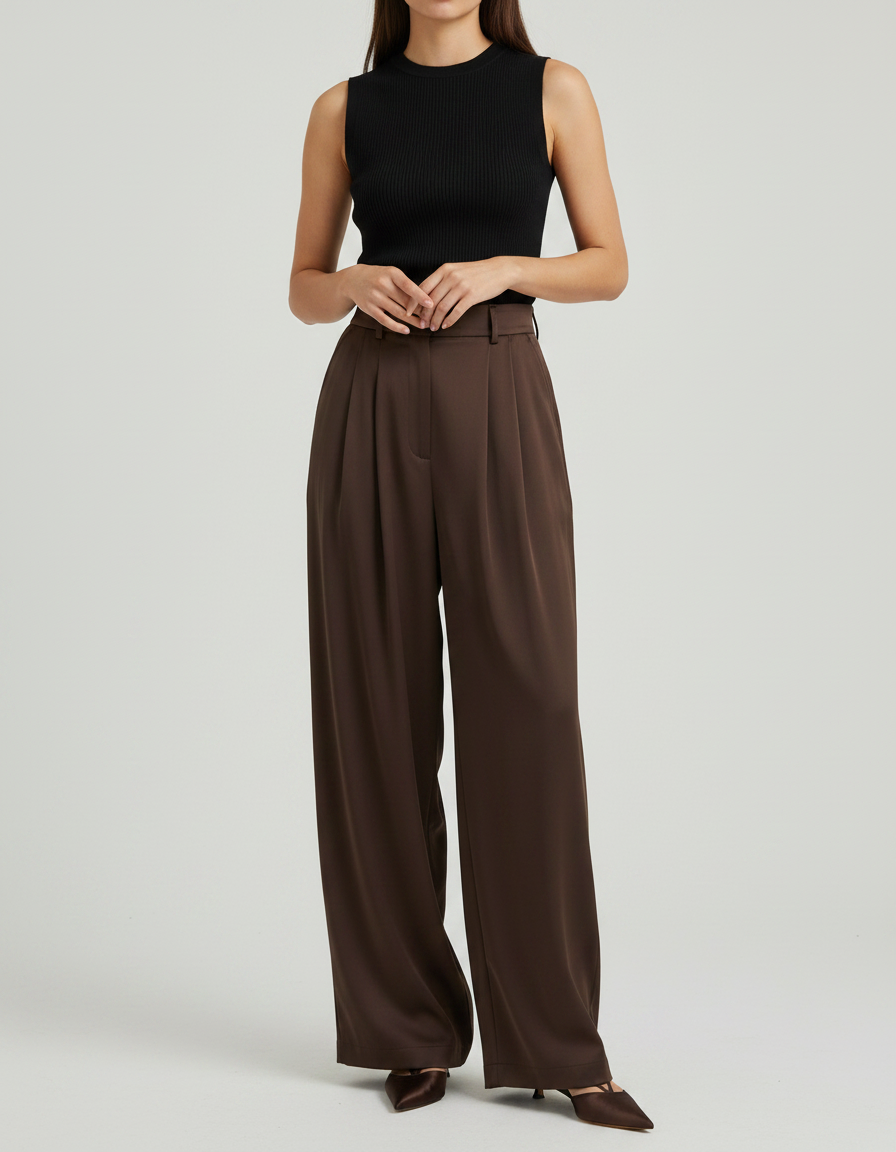 Pantalon À Pince Marron Plissé Ample Taille Haute Fluide - Polyester