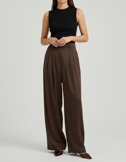 Pantalon À Pince Marron Plissé Ample Taille Haute Fluide - Polyester