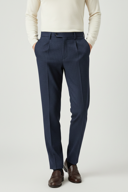 Pantalon À Pince Bleu Marine Rayé Droit Élégant Homme - Laine