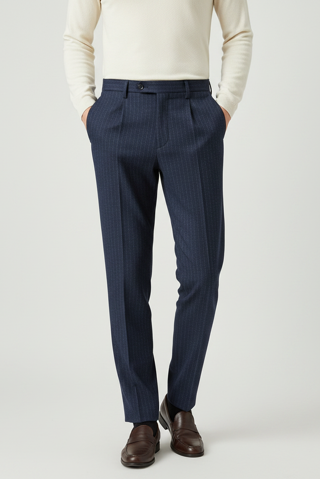 Pantalon À Pince Bleu Marine Rayé Droit Élégant Homme - Laine
