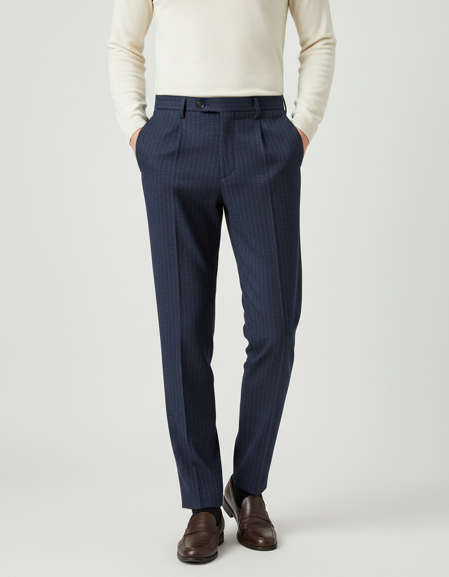Pantalon À Pince Bleu Marine Rayé Droit Élégant Homme - Laine