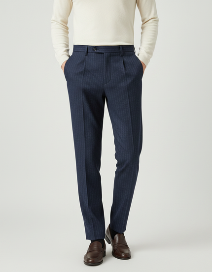 Pantalon À Pince Bleu Marine Rayé Droit Élégant Homme - Laine
