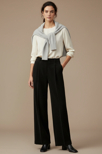 Pantalon À Pince Noir Côtelé Ample Décontracté Femme - Cordé