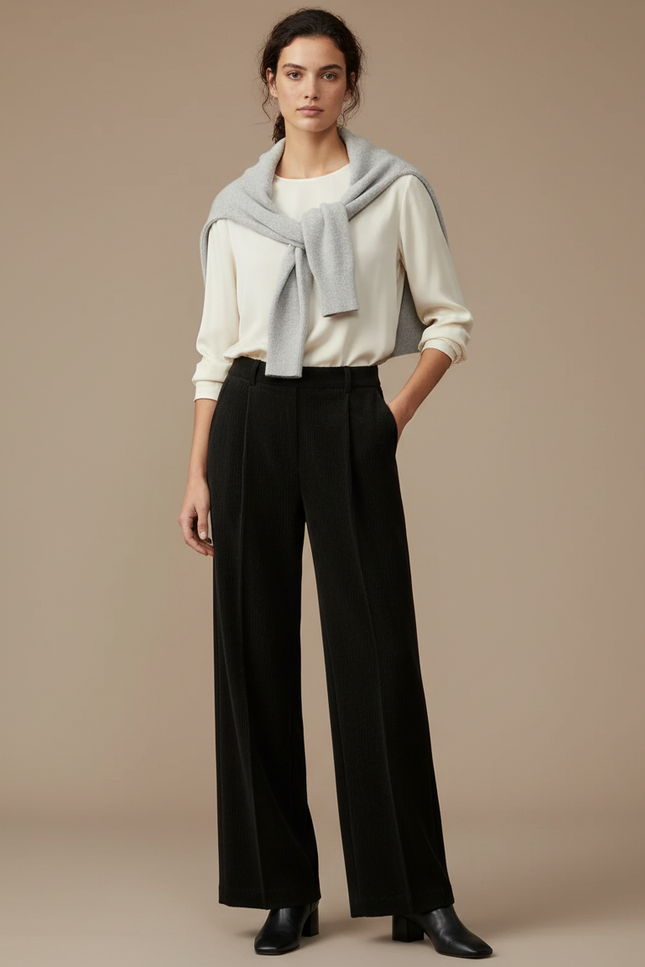 Pantalon À Pince Noir Côtelé Ample Décontracté Femme - Cordé