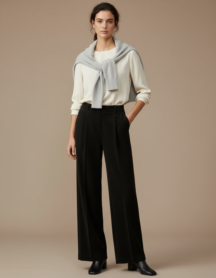 Pantalon À Pince Noir Côtelé Ample Décontracté Femme - Cordé