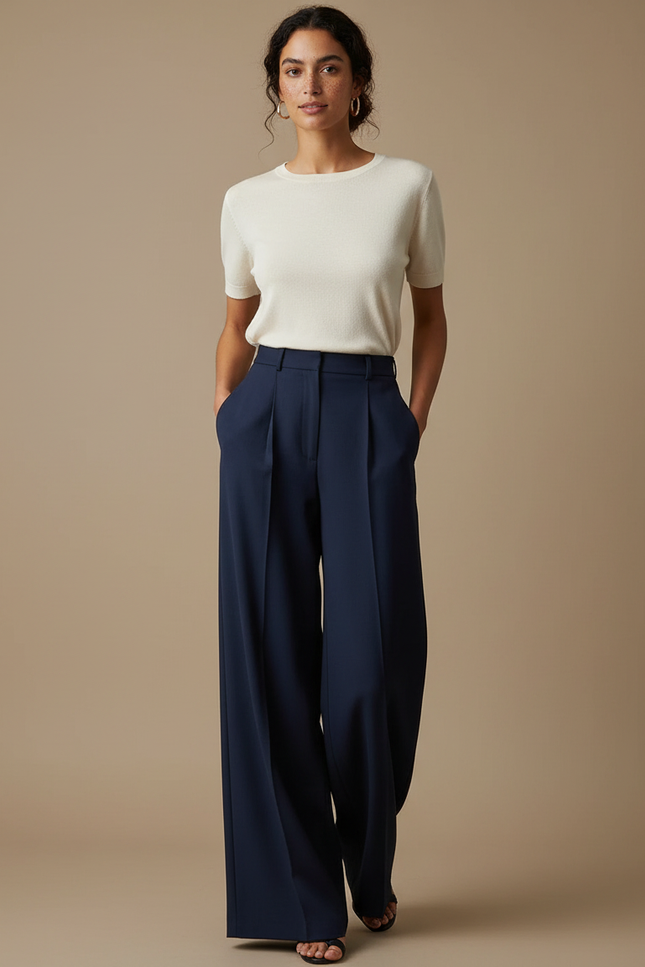 Pantalon À Pince Bleu Marine Fluide Ample Femme - Polyester