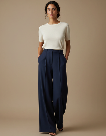 Pantalon À Pince Bleu Marine Fluide Ample Femme - Polyester
