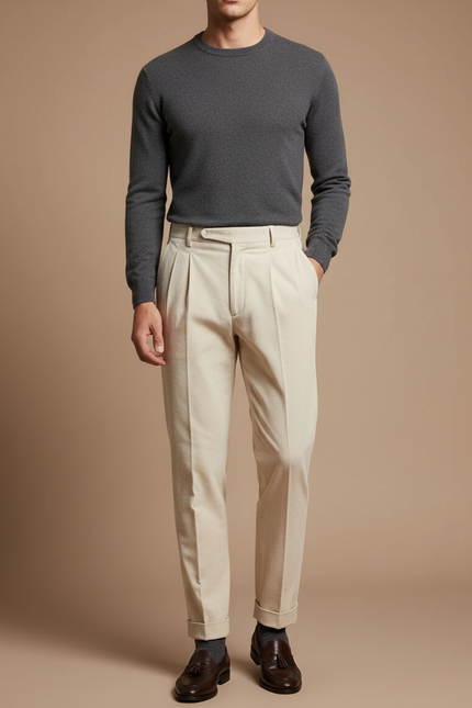 Pantalon À Pince Crème Côtelé Plissé Élégant Homme - Beige Cordé