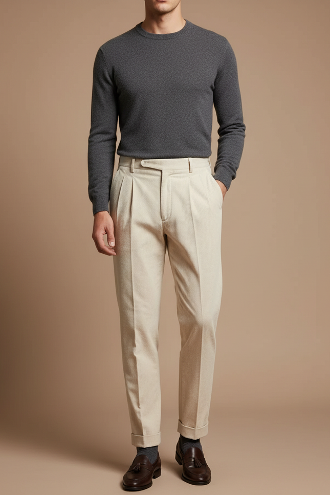 Pantalon À Pince Crème Côtelé Plissé Élégant Homme - Beige Cordé