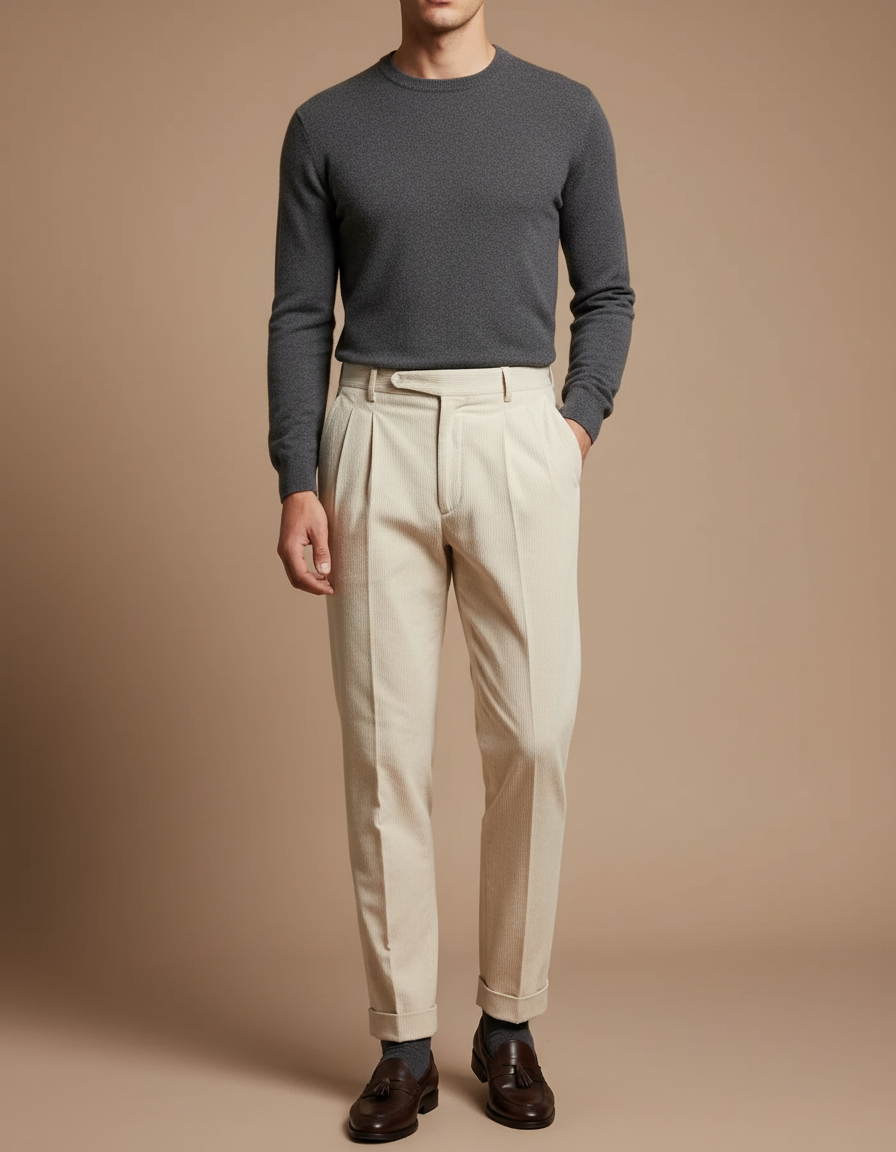 Pantalon À Pince Crème Côtelé Plissé Élégant Homme - Beige Cordé
