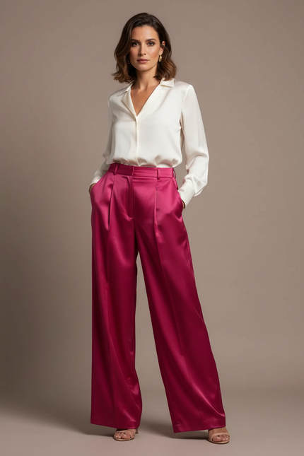 Pantalon À Pince Rose Fuchsia Satiné Ample Plissé Élégant