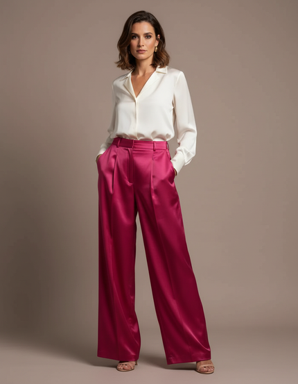 Pantalon À Pince Rose Fuchsia Satiné Ample Plissé Élégant