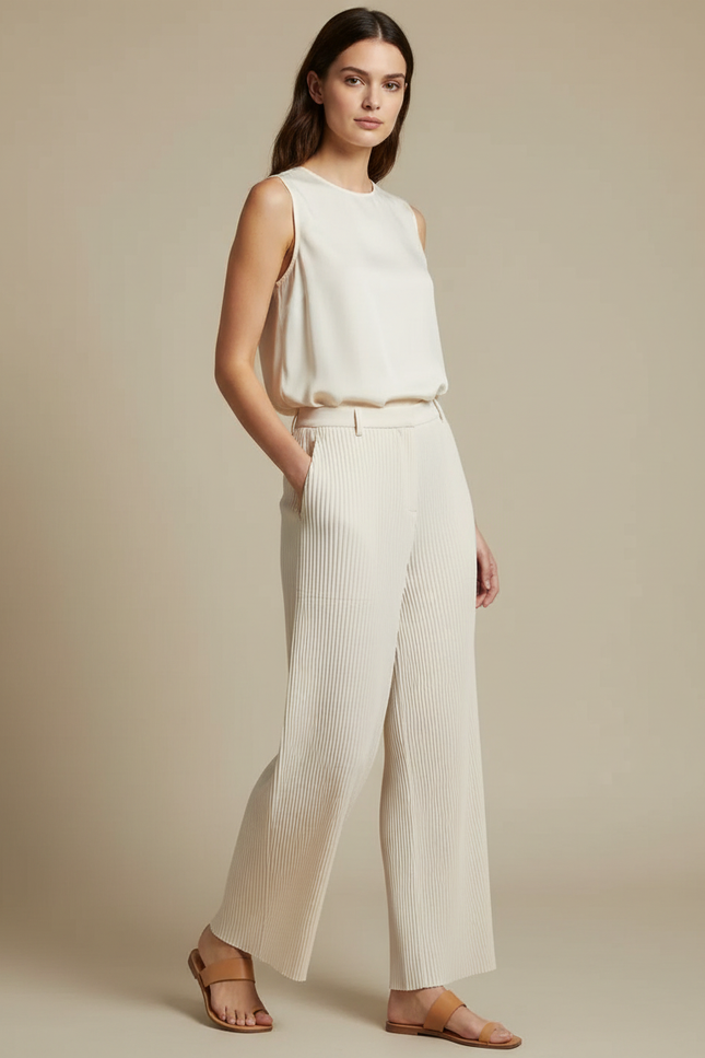 Pantalon À Pince Plissé Crème Fluide Ample Femme - Beige Maille