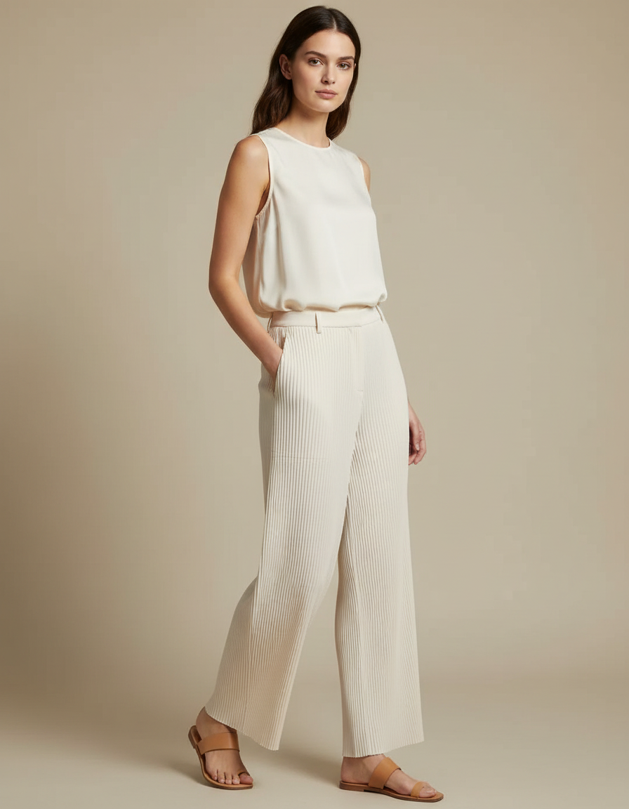 Pantalon À Pince Plissé Crème Fluide Ample Femme - Beige Maille