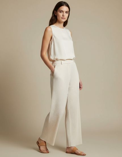 Pantalon À Pince Plissé Crème Fluide Ample Femme - Beige Maille