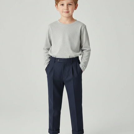 Pantalon À Pince Bleu Marine Plissé Enfant Décontracté - Laine