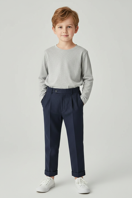 Pantalon À Pince Bleu Marine Plissé Enfant Décontracté - Laine