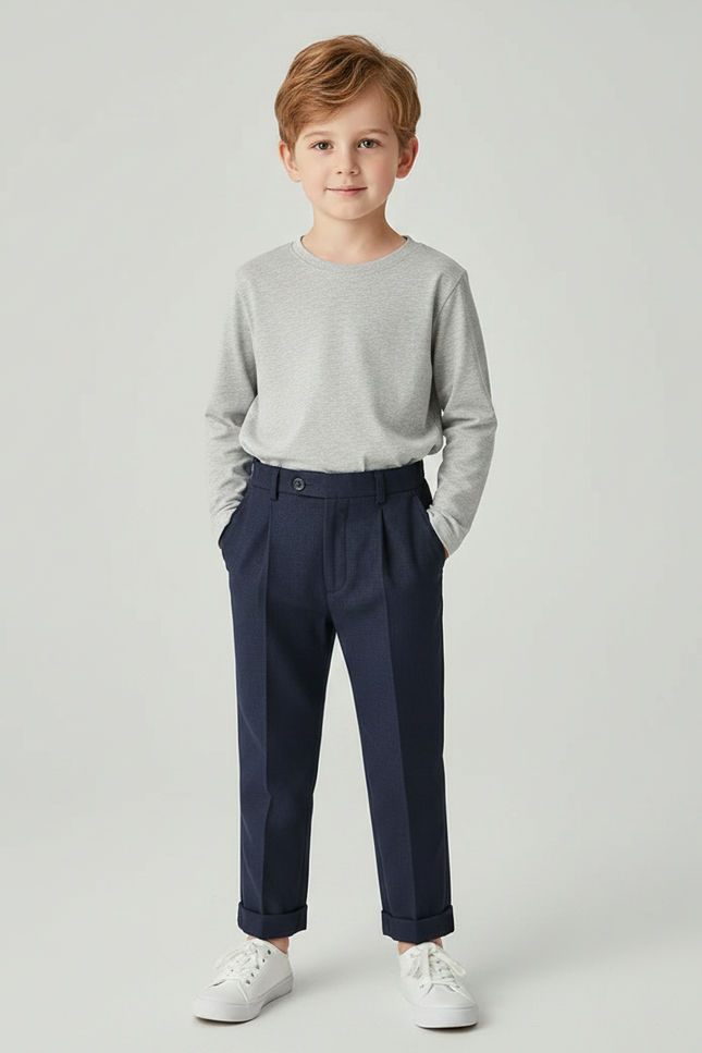 Pantalon À Pince Bleu Marine Plissé Enfant Décontracté - Laine