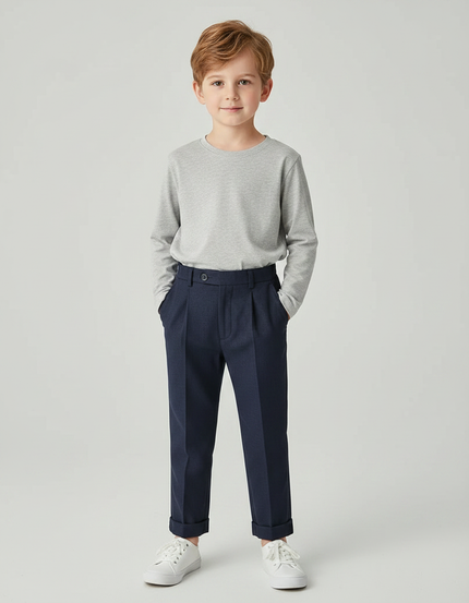 Pantalon À Pince Bleu Marine Plissé Enfant Décontracté - Laine