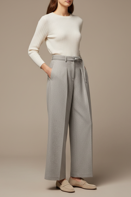 Pantalon À Pince Gris Clair Ample Plissé Ceinturé Élégant - Laine