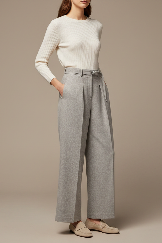 Pantalon À Pince Gris Clair Ample Plissé Ceinturé Élégant - Laine