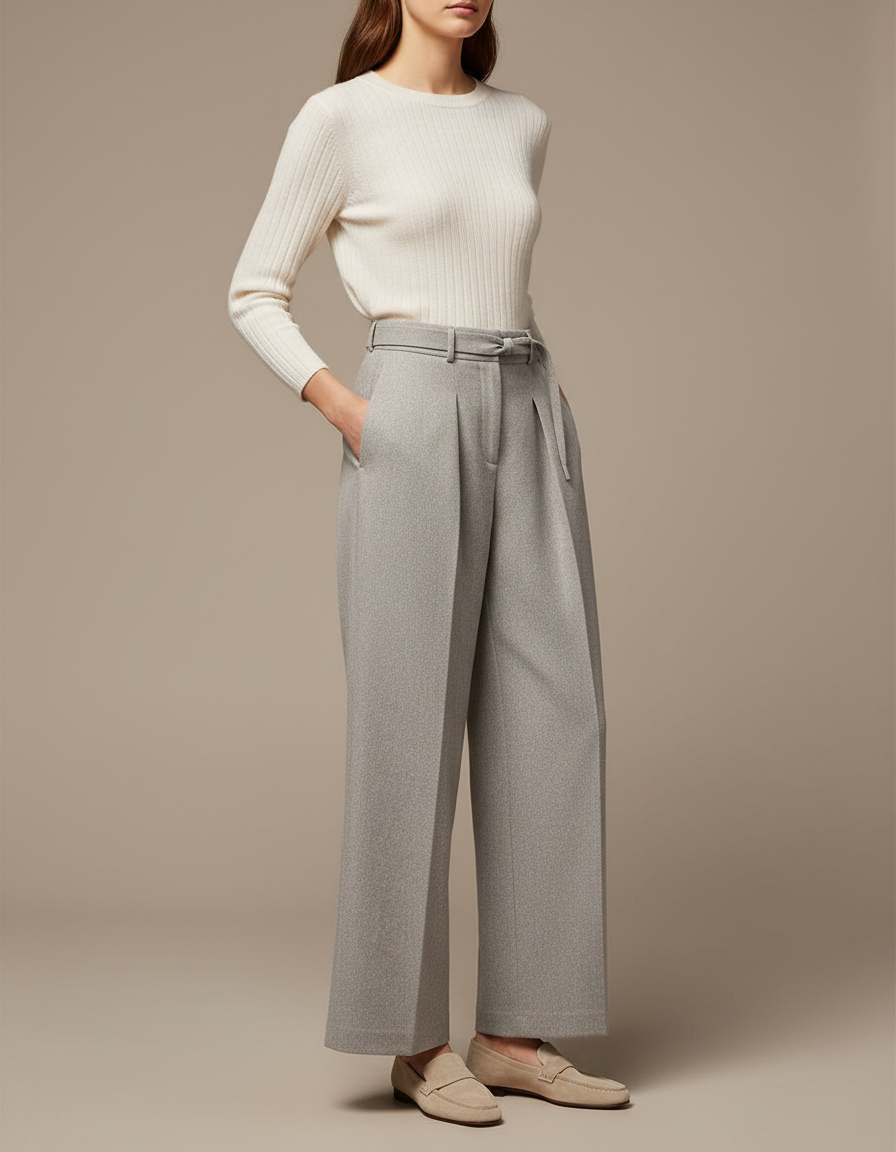 Pantalon À Pince Gris Clair Ample Plissé Ceinturé Élégant - Laine