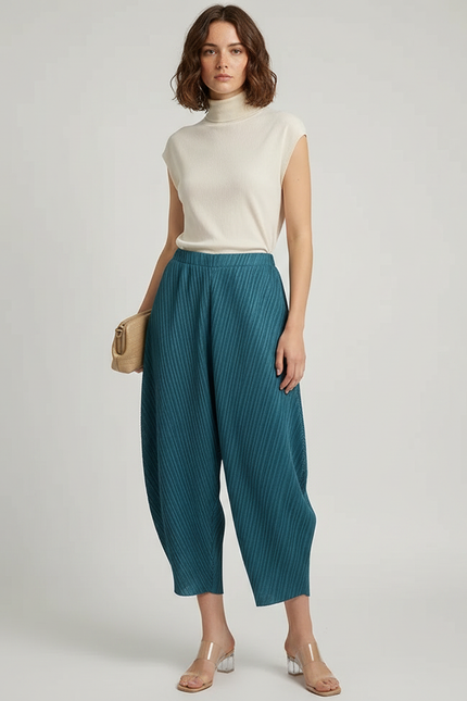 Pantalon À Pince Plissé Fluide Ample Bleu Canard - Polyester