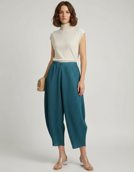 Pantalon À Pince Plissé Fluide Ample Bleu Canard - Polyester