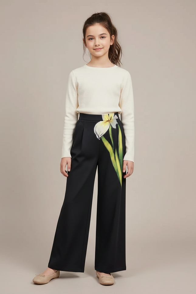 Pantalon À Pince Noir Floral Ample Taille Haute Élégant - Polyester