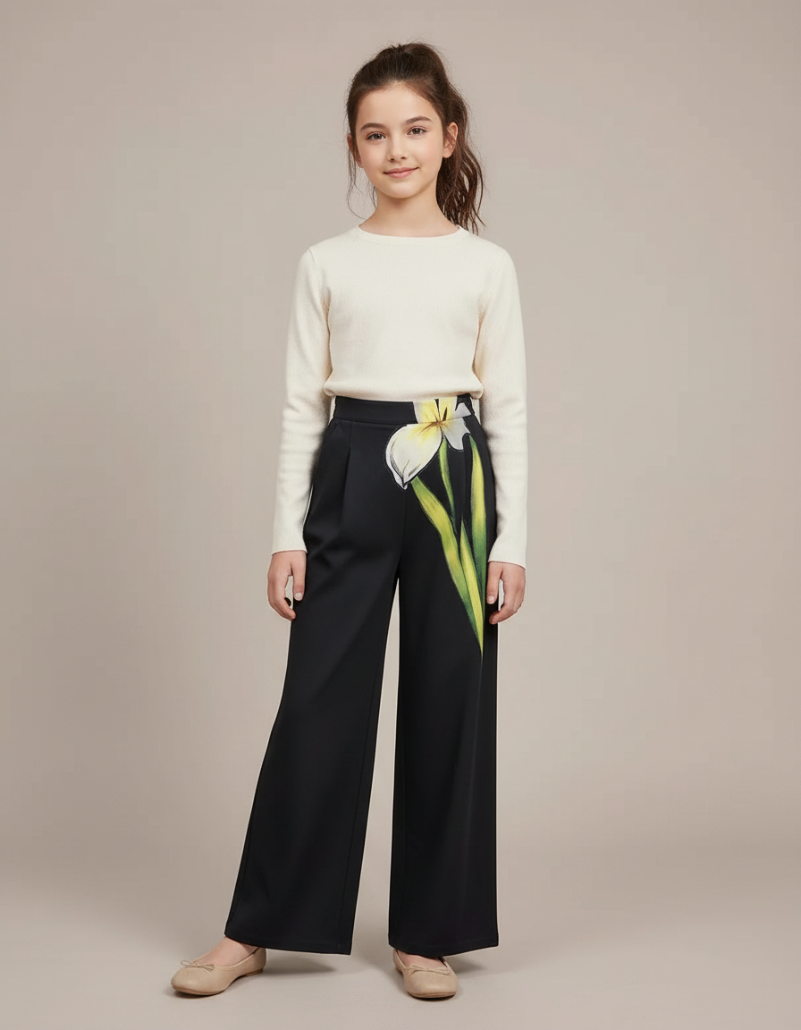Pantalon À Pince Noir Floral Ample Taille Haute Élégant - Polyester
