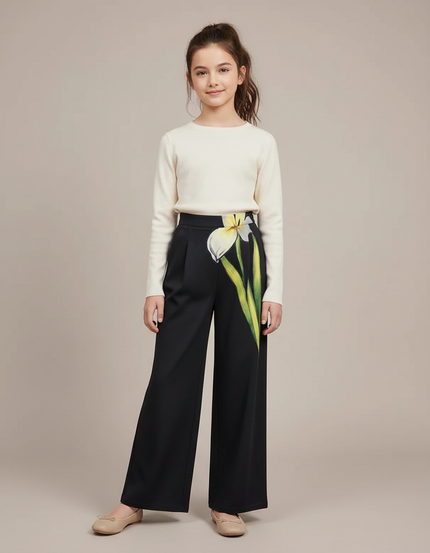 Pantalon À Pince Noir Floral Ample Taille Haute Élégant - Polyester