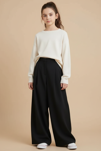Pantalon À Pince Noir Ample Fluide Décontracté Fille - Polyester