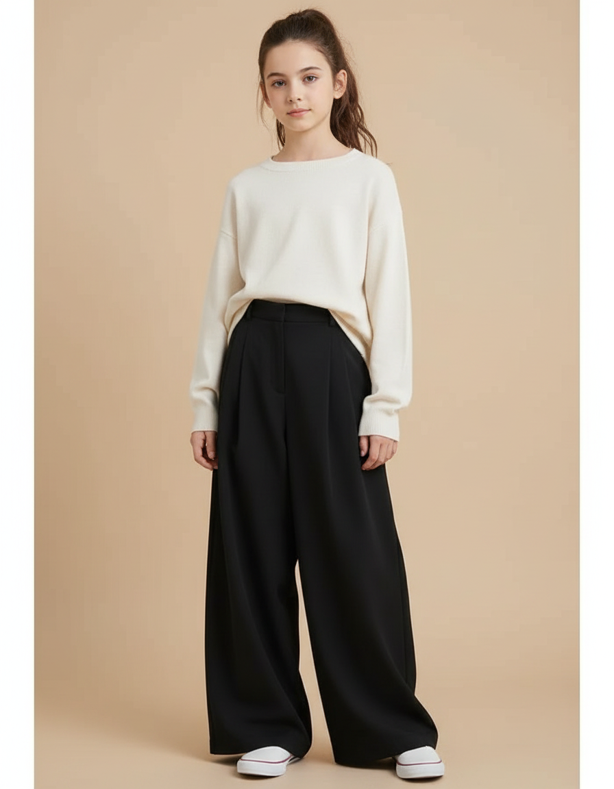 Pantalon À Pince Noir Ample Fluide Décontracté Fille - Polyester