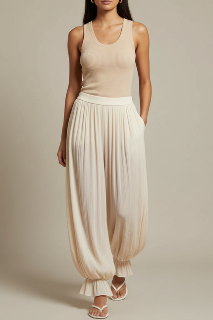 Pantalon À Pince Plissé Ample Beige Fluide Élastique - Viscose