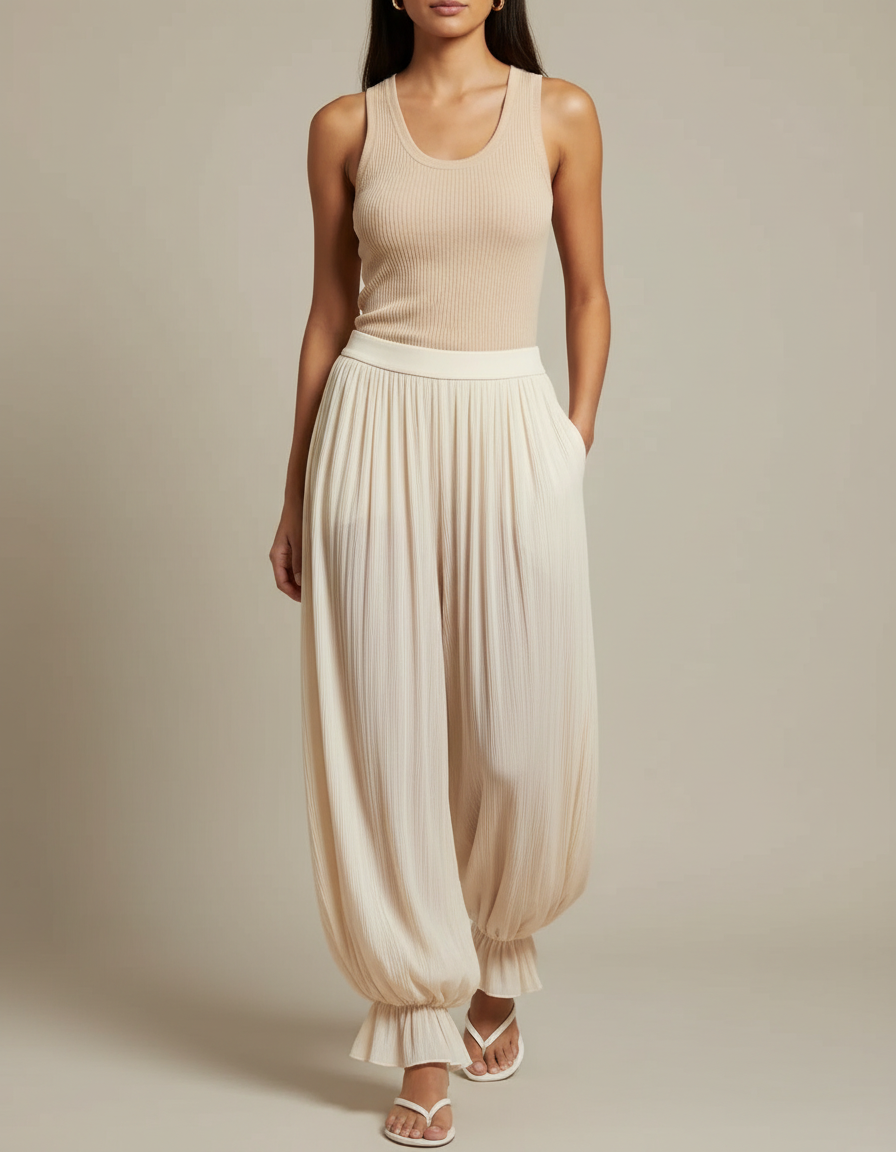 Pantalon À Pince Plissé Ample Beige Fluide Élastique - Viscose