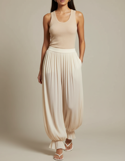 Pantalon À Pince Plissé Ample Beige Fluide Élastique - Viscose
