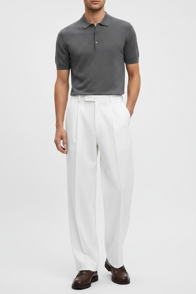 Pantalon À Pince Blanc Plissé Ample Droit Homme - Gabardine