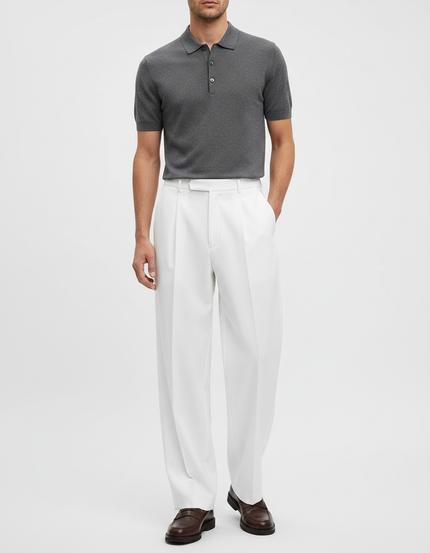 Pantalon À Pince Blanc Plissé Ample Droit Homme - Gabardine