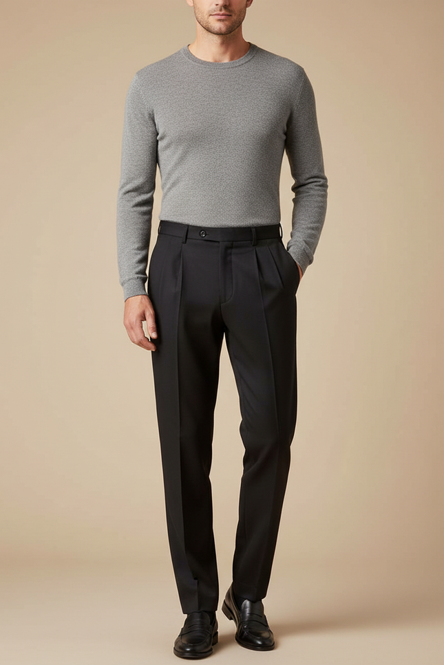 Pantalon À Pince Noir Droit Élégant Plissé Homme - Gabardine