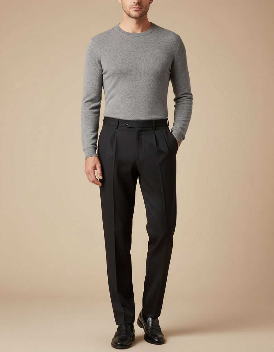 Pantalon À Pince Noir Droit Élégant Plissé Homme - Gabardine