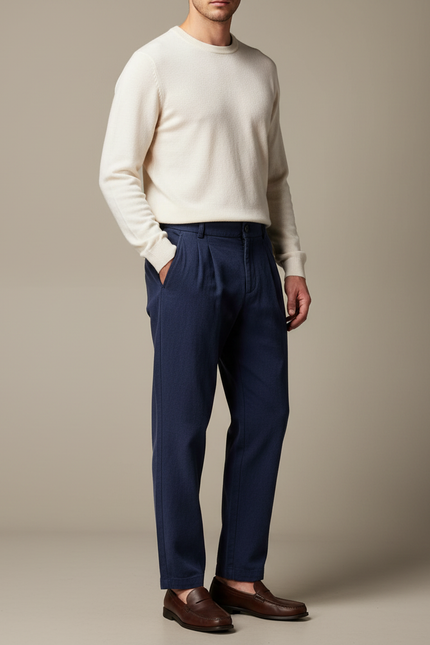 Pantalon À Pince Bleu Marine Plissé Ample Décontracté Homme - Laine
