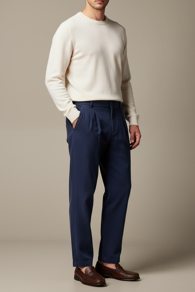 Pantalon À Pince Bleu Marine Plissé Ample Décontracté Homme - Laine
