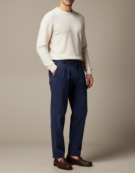 Pantalon À Pince Bleu Marine Plissé Ample Décontracté Homme - Laine