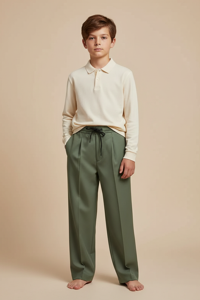 Pantalon À Pince Vert Armée Ample Cordon Décontracté - Gabardine